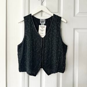 Sweet Sue NWT Deadstock Black Iridescent Swirl Embellished Beaded  Silk Vest L